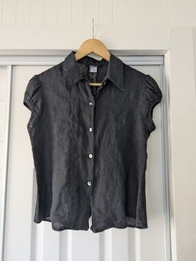 Meiling 100% Linen Cap Sleeve Button Down Blouse Whimsigoth Fairy Black Medium